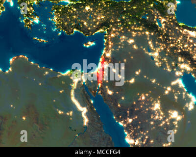 Satellite night view of Israel highlighted in red on planet Earth. 3D illustration. Elements of this image furnished by NASA. Stock Photo