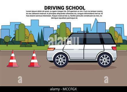 Driving School Poster, Car On Road, Auto Drive Education Practice Exam Concept Stock Vector