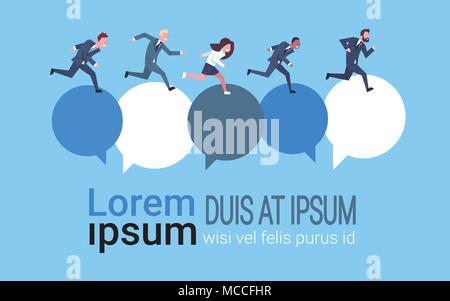 Team Of Business People Running At Chat Bubbles Over Background With Copy Space Communication Concept Stock Vector