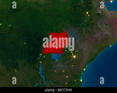 Satellite night view of Uganda highlighted in red on planet Earth. 3D illustration. Elements of this image furnished by NASA. Stock Photo