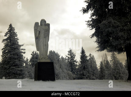 Statue of angel on the lawn at a cemetery in North Seattle, Washington. Infrared image.