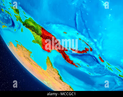 Papua New Guinea highlighted in red on planet Earth. 3D illustration. Elements of this image furnished by NASA. Stock Photo