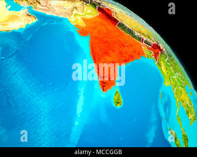 Space orbit view of India highlighted in red on planet Earth at night ...