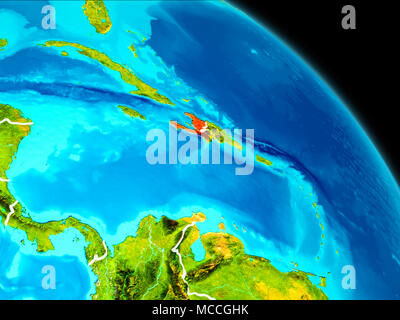Space orbit view of Haiti highlighted in red on planet Earth at night ...