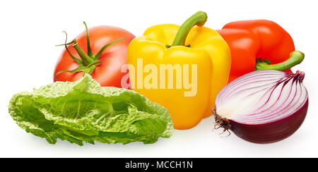 Whole fresh red tomato with green leaf, yellow and red bell peppers, half of unpeeled red onion and green salad isolated on white background Stock Photo