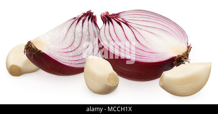 Half and slice of fresh unpeeled red onion and three peeled cloves of garlic isolated on white background Stock Photo