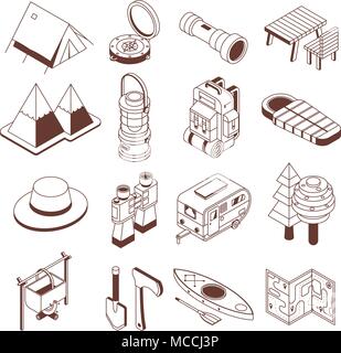 Camping and Hiking Isometric Monochrome Icons Stock Vector