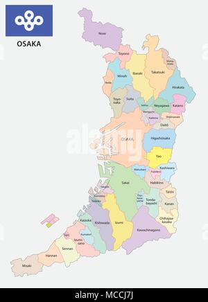 osaka prefecture administrative and political map with flag Stock Vector