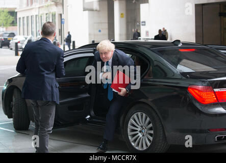 Foreign Secretary, Boris Johnson, arrives at the BBC to appear on 'The Andrew Marr Show' and talk about the situation in Syria. Stock Photo