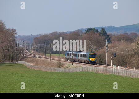 A First Transpennine Express class 185 train passing Brock on the West coast main line in Lancashire Stock Photo