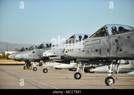 A-10C Thunderbolt II is a single seat, twin turbofan close air support aircraft built by Fairchild Republic for the United States Air Force. The archival image records five A-10C aircraft lined up for departure during Bushwhacker 18-02 Cactus Flag at Davis-Monthan Air Force Base, Arizona, on Feb. 11, 2018. Stock Photo