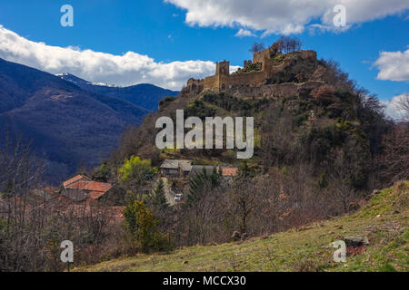 Lordat castle Château de Lordat, high above the Ariege Valley, Cathar ruin Stock Photo