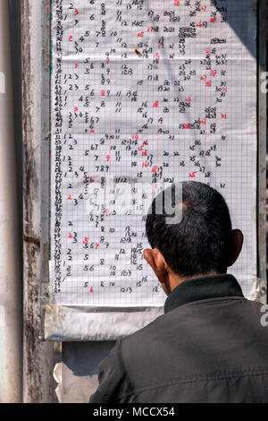 Man Checking Lottery Results Board, Xiamen, Fujian, China Stock Photo