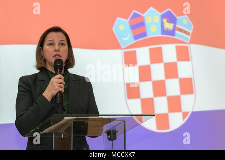 Andrea Bekić, the Croatian Ambassador to Poland, speaks during a Croatian cultural celebration at the Polish 15th Mechanized Brigade headquarters, Poland, Feb. 12, 2018. The celebration allowed the ambassador to express gratitude to Polish leaders and share Croatian culture with the community leaders in attendance. The unique, multinational battle group is comprised of U.S., U.K., Croatian and Romanian soldiers serve with the Polish 15th Mechanized Brigade as a deterrence force in northeast Poland in support of NATO’s Enhanced Forward Presence. (U.S. Army photo by Spc. Andrew McNeil/ 22nd Mobi Stock Photo
