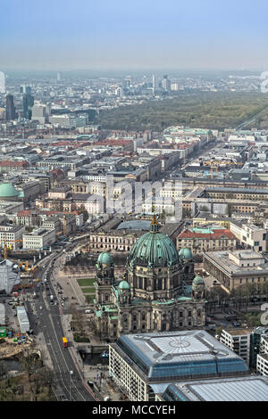 The view from the Fernsehturm, or TV Tower, with Berlin Cathedral (Berliner Dom) in the forground, leading to the Brandenburg Gate in the background. Stock Photo