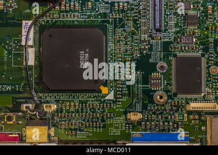 Close up view of computer motherboard showing details of different components Stock Photo