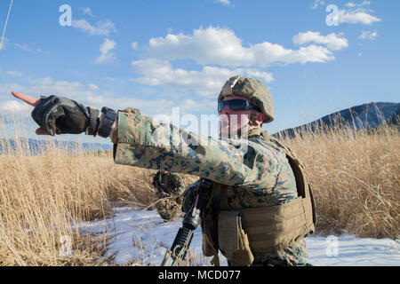 U.S. Marine Cpl. Steven Moody, directs fire on a simulated enemy during a conventional platoon attack at Mount Fuji Training area, Japan, Feb. 2, 2018. Marines with Golf Company conduct mechanized platoon size attacks using AAVs to maintain their combat proficiency. Moody, a Long Island, New York native, is a fire automatic rifleman for Golf Company, 2nd Battalion, 1st Marine Regiment, 1st Marine Division. The California-based battalion is forward-deployed to 3rd Marine Division as part of the Unit Deployment Program. (U.S. Marine Corps photo by Lance Cpl. Damion Hatch Jr.) Stock Photo