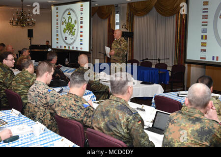 The 7th Army Training Command hosts the Conference of European Training Centers at the Tower View Conference Center on Grafenwoehr, Germany, Feb. 14, 2018. The event provides space and time for allied representatives to share lessons learned and develop a common operating picture to facilitate increased interoperability across the alliance. (U.S. Army photo by Gertrud Zach) Stock Photo