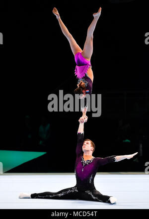 Antwerp, Belgium. 15th April 2018. Britney Bordewilk and Stein Briggen (NED) are competing in Mixed Pair Qualification and are competing during the 26th World Championships Acrobatics Gymnastics 2018 at Lotto Arena on Sunday, 15 April 2018. ANTWERP, BELGIUM. Credit: Taka G Wu Credit: Taka Wu/Alamy Live News Stock Photo