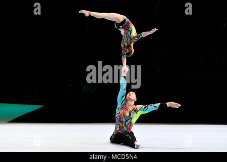 Antwerp, Belgium. 15th April 2018. Marina Chernova and Georgii Pataraia (RUS)  are competing in Mixed  Pair Qualification Combined during the 26th World Championships Acrobatics Gymnastics 2018 at Lotto Arena on Sunday, 15 April 2018. ANTWERP, BELGIUM. Credit: Taka G Wu Credit: Taka Wu/Alamy Live News Stock Photo