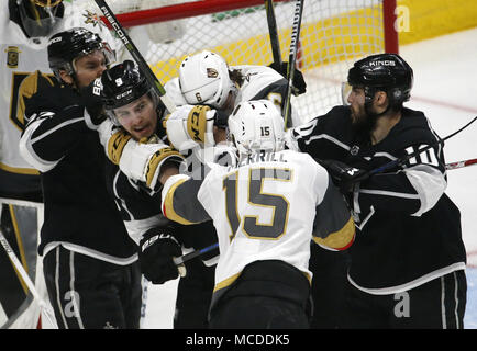 Los Angeles, California, USA. 15th Apr, 2018. Los Angeles Kings and Vegas Golden Knights fight during the Game 3 of an NHL hockey first-round playoff series in Los Angeles, April 15, 2018. The Golden Knights won 3-2. Credit: Ringo Chiu/ZUMA Wire/Alamy Live News Stock Photo