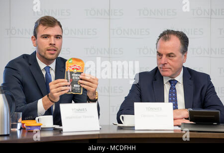16 April 2018, Germany, Rheda-Wiedenbrueck:, Clemens Toennies (r) and Maximilian Toennies of Toennies Holding ApS & Co. KG., present the group's results for 2017. Photo: Friso Gentsch/dpa Stock Photo