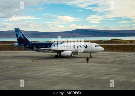 LAN or LATAM commercial jet, El Calafate Airport, FTE, El Calafate, Argentina Stock Photo