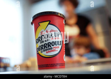 Montreal,Canada,14 April,2018.Close-up of a Tim Hortons Roll-up the rim to win contest paper coffe cup.Credit:Mario Beauregard/Alamy Live News Stock Photo