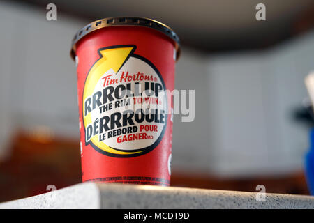 Montreal,Canada,14 April,2018.Close-up of a Tim Hortons Roll-up the rim to win contest paper coffe cup.Credit:Mario Beauregard/Alamy Live News Stock Photo