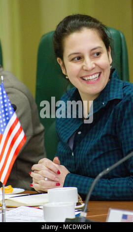 Yavoriv, Ukraine – U.S. Representative Elise Stefanik (R-NY) attends a briefing with key leaders of the Joint Multinational Training Group – Ukraine (JMTG-U) during a visit to the Yavoriv Combat Training Center (CTC) here Feb. 23. During the visit Stefanik met with U. S. service members assigned to the JMTG-U observed training conducted by 27th Infantry Brigade Combat Team Soldiers in the field. (U.S. Army photo by Sgt. Alexander Rector) Stock Photo