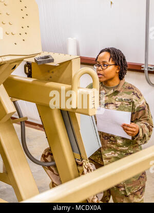 Mississippi Army National Guard 1st Lt. Megan Sly, a human resources officer assigned to Headquarters Company, 150th Engineer Battalion, enters a high mobility multi-purpose wheeled vehicle, or HMMWV, as part of an HMMWV Egress Assistance Training exercise at the Camp Shelby Joint Forces Training Center, just South of Hattiesburg, Miss., Feb. 24, 2018. HEAT exercises train Soldiers on proper vehicle exiting procedures in the event of a rollover. (U.S. Army National Guard photo by Spc. Jovi Prevot) Stock Photo