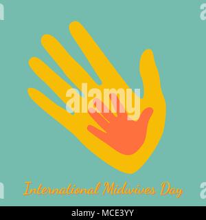 International Midwives Day. Handprints of mother and baby. Green background. The text is the name of the holiday Stock Vector