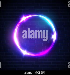 Glowing circle with neon lights on dark brick wall Stock Vector