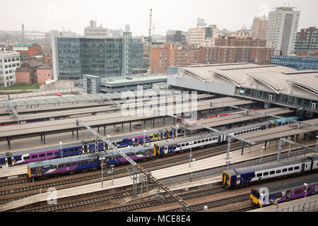 Leeds Central railway station seen from the top of the nearby Hilton Double Tree Hotel in the city centre. Stock Photo