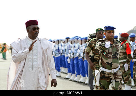 NIAMEY, Niger – Moutari Kalla, Nigerian Minister of Defense, inspects the troops to start off the opening ceremony of Flintlock 2018 in Niamey, Niger, April 11, 2018. Approximately 1,900 service members from more than 20 African and western partner nations are participating in Flintlock 2018 at multiple locations in Niger, Burkina Faso, and Senegal. (U.S. Army Photo by Sgt. Heather Doppke/79th Theater Sustainment Command)