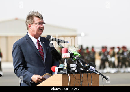 NIAMEY, Niger – Amb. Eric Whitaker, U.S. Ambassador to Niger, gives a speech during the opening ceremony of Flintlock 2018 in Niamey, Niger, April 11, 2018. Flintlock is an annual, African-led, integrated military and law enforcement exercise that has strengthened key partner nation forces throughout North and West Africa as well as western Special Operations Forces since 2005. (U.S. Army Photo by Sgt. Heather Doppke/79th Theater Sustainment Command)