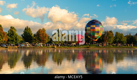 Hot air balloons at Henley Lake, Masterton, New Zealand. Stock Photo