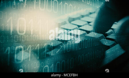 Hacker typing on keyboard, abstract numbers computer code Stock Photo