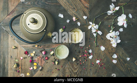 Flat-lay of Traditional Asian tea ceremony arrangement, top view Stock Photo
