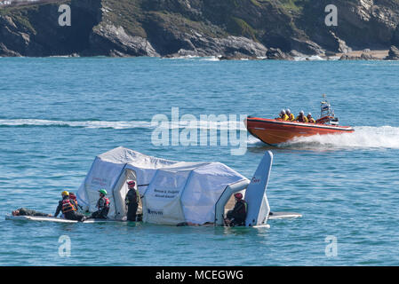 The Newquay RNLI B Class Atlantic 85 inshore craft participating in a GMICE (Good Medicine in Challenging Environments) major exercise in Newquay. Stock Photo