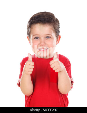 Funny small child saying Ok isolated on white background Stock Photo