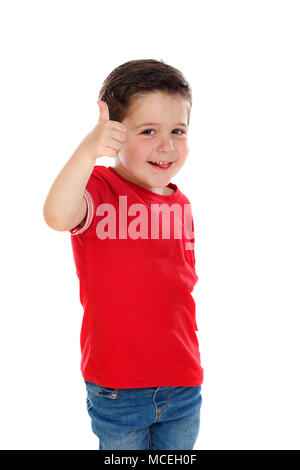 Funny small child saying Ok isolated on white background Stock Photo