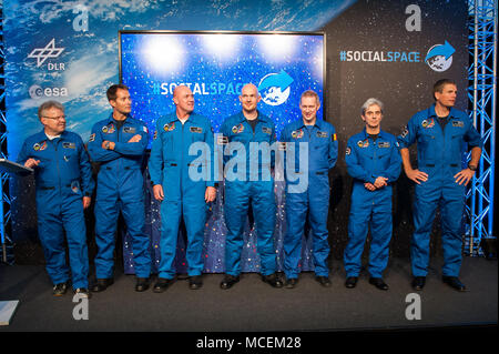 A group of ESA Astronauts. l. to r.: Reinhold Ewald, Thomas Pesquet, André Kuipers, Alexander Gerst, Frank De Winne, Léopold Eyharts, Andreas Mogensen Stock Photo