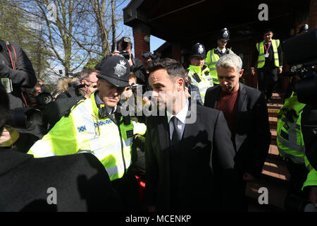 TV presenter Anthony McPartlin (centre) outside The Court House in Wimbledon, London, after being fined &pound;86,000 at Wimbledon Magistrates' Court after admitting driving while more than twice the legal alcohol limit. Stock Photo