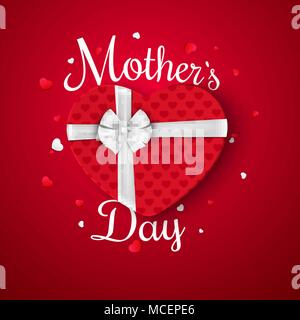 Red box in the form of a heart with a white bow. White tape. Confetti of hearts. Happy Mother's Day. I love mom. Beautiful calligraphic text. A gift f Stock Vector