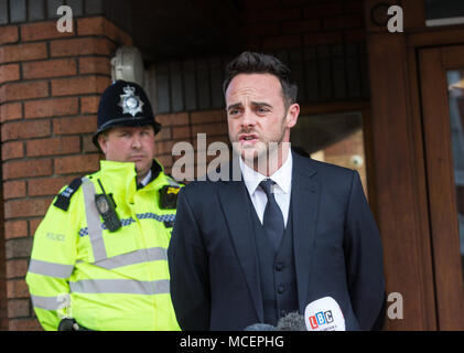 Ant McPartlin outside Wimbledon Court after he was given an £86,000 fine and banned from driving for 20 months after admitting a drink driving charge. Stock Photo