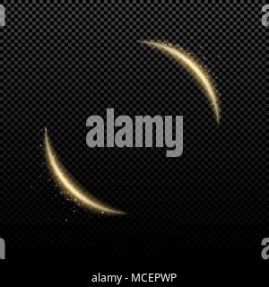 Abstract golden light effect. Curved luminous neon lines with flying lights on a transparent background. Round light effect. Magical flying dust. Vect Stock Vector