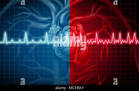 Atrial fibrillation and normal or abnormal heart rate rythm concept as a cardiac disorder as a human organ with healthy and unhealthy ecg. Stock Photo
