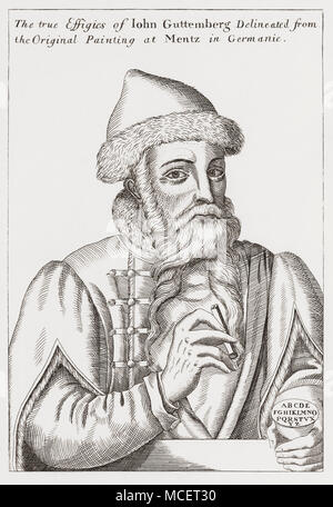 Johannes Gutenberg, c. 1398-1468.  German printer, publisher. He introduced printing to Europe and invented mechanical moveable type.  From Woodburn’s Gallery of Rare Portraits, published 1816. Stock Photo