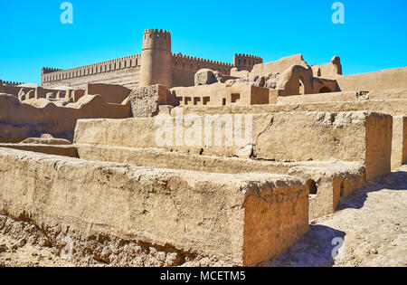 The ruins of ancient walls in residential quarters of Rayen citadel, Iran. Stock Photo